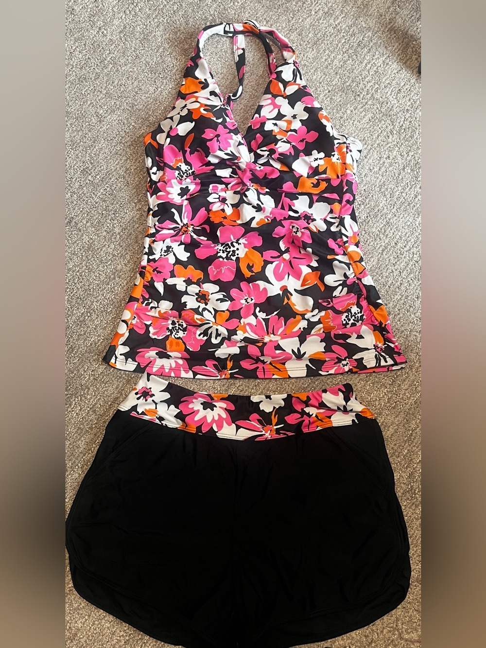 Floral Twist-Front Black & Pink Women’s Tankini Swim Top - Picture 8 of 9